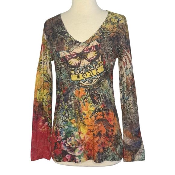 Y2K Tattoo Butterfly Soul Top Vibrant Multicolored Boho Grunge Ribbed Size M/L - Picture 3 of 8